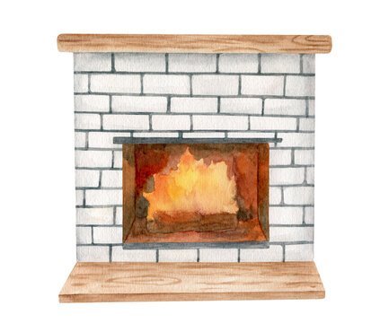 Watercolor brick burning fireplace illustration. Hand painted white stone fire place with wood mantel shelf isolated on white background. Cozy home interior element. Modern scandinavian design.