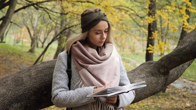 Portrait of a Young Adult Girl Standing in Autumn Forest with Yellow Leaves Reading a Book on Nature. Pretty Female Woman Rest and Relax with a book in hands. Blue Eyes Blonde is Studying Outdoors.