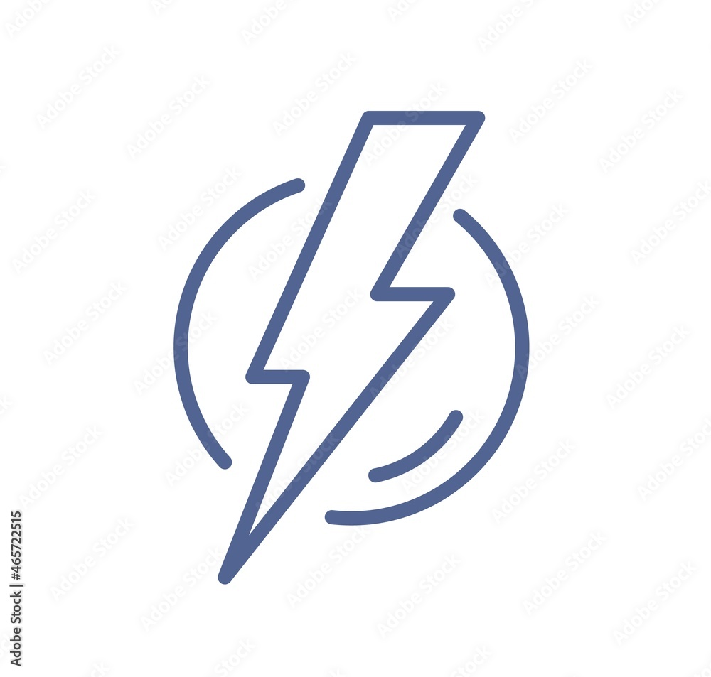 Poster Simple line art icon of lightning flash in circle. Electric power sign with thunder bolt. Symbol of electricity, energy, charge or danger. Linear flat vector illustration isolated on white background