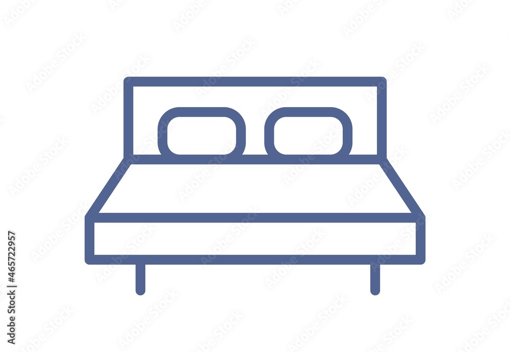 Poster Simple double bed icon with mattress and pillows. Accommodation with bedroom sign for web interface. Bedtime symbol in line art style. Linear flat vector illustration isolated on white background