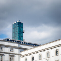 outside elevator tower of a modern building in Linz Austria