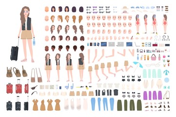 Traveler girl constructor or DIY kit. Bundle of female tourist body parts, postures, clothing, touristic equipment isolated on white background. Colorful vector illustration in flat cartoon style.