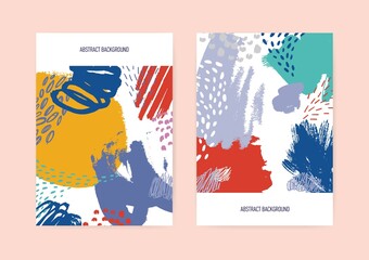 Obraz na płótnie Canvas Set of vertical flyer or postcard templates decorated with chaotic vibrant hand painted texture with scribble, smears, blots, spots, blotches. Stylish vector illustration in contemporary art style