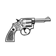 Gun classic hand drawn. Black color engraving style. Vector illustration.