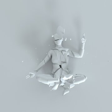 Cracked statue of a woman sitting in a lotus pose. Surreal 3D illustration.