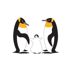 A family of Royal penguins with a baby penguin. Vector illustration of characters isolated on a white background.