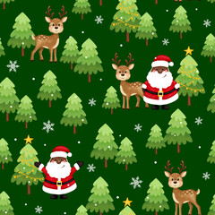Obraz na płótnie Canvas Christmas christmas seamless pattern. Black santa, deer, trees, stars, snow. African American Santa. Merry christmas and happy new year.