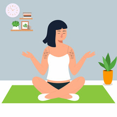 Fototapeta na wymiar Young girl doing yoga meditation at home, illustration concept.