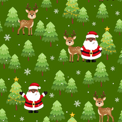 Obraz na płótnie Canvas Christmas christmas seamless pattern. Black santa, deer, trees, stars, snow. African American Santa. Merry christmas and happy new year.