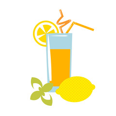 Lemonade in a tall glass with a straw and ingredients, lemon fruit, mint, lemon slice