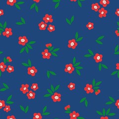 Vintage floral background. Seamless vector pattern for design and fashion prints. Floral pattern with red flowers and green leaves on a blue background.