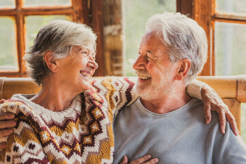 Elderly couple happy lifestyle with man and woman looking each other with love and friendship...