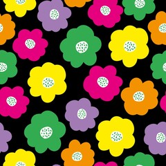 Seamless vintage pattern abstract. black background. large bright colored flowers . vector texture. fashionable print for textiles and wallpaper.