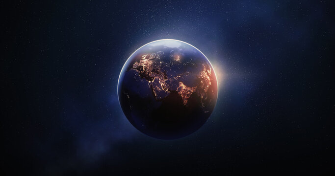 World global planet of night earth globe map or abstract geography continent light city and worldwide astronomy universe in 3d space background with science cartography. Earth image provided by NASA.