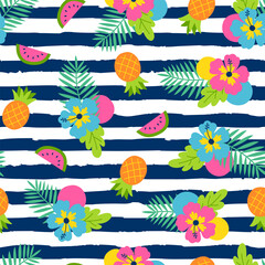Colorful hibiscus and tropical fruits on navy blue brush stripes background.