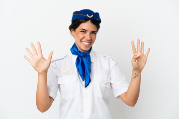 Airplane stewardess caucasian woman isolated on white background counting nine with fingers