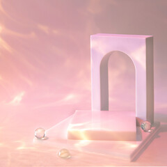 Abstract surreal scene - empty stage with square podium and arch on pink pastel background with...