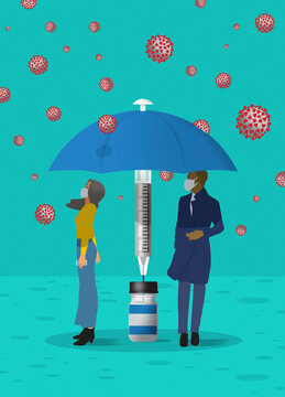Man and woman protected by coronavirus vaccine umbrella