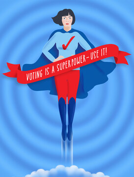 Female superhero urging people to vote