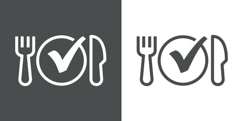 Logotipo dieta saludable. Banner con silueta de tenedor y cuchillo con checkmark en circunferencia con líneas en fondo gris y fondo blanco
