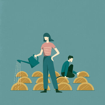 Couple watering growing coins
