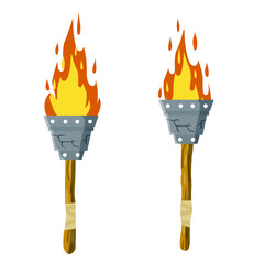 Torch. Fire on stick. Medieval lamp and tool. Flat cartoon illustration