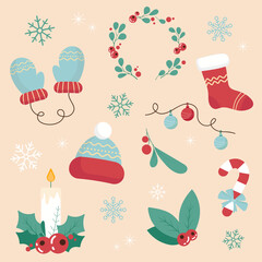 Christmas and New Year collections of cute elements. Hand drawn vector illustration in cartoon style
