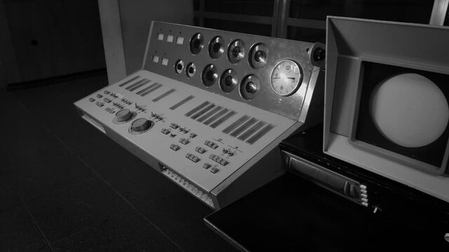 Retro Computer In Research Center. Old Computer Technology. Astronomical Observatory. Black and white footage.