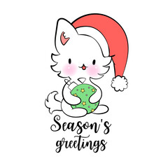 Christmas kawaii Cat with toy. Season greetings. Vector sticker for messenger