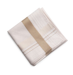 Stylish handkerchief on white background, top view. Space for text