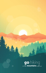 Vector landscape, sunrise scene in nature with mountains and forest, silhouettes of trees. Hiking tourism. Adventure. Minimalist graphic flyers. Polygonal flat design for coupon, voucher, gift card.
