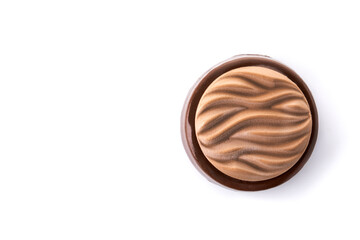 Creamy chocolate cake isolated on white background. Copy space