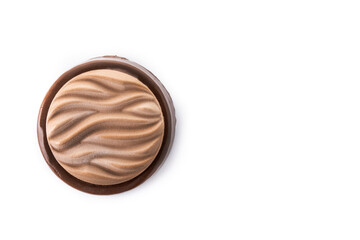 Creamy chocolate cake isolated on white background. Copy space