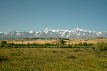 Fototapeta premium Nice view of snowy mountains and steppe in summer