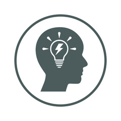 Great, idea, thinking, light, head icon. Rounded gray vector design.