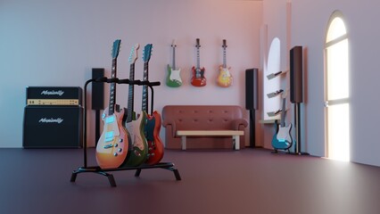 Vintage electric guitar in guitar shop.3D rendering
