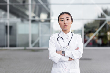portrait of Asian female doctor near clinic looking seriously at camera with arms folded