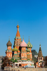 Fototapeta na wymiar St. Basil's Cathedral in Red square in sunny blue sky. Red square is Attractions popular's touris in Moscow, Russia,