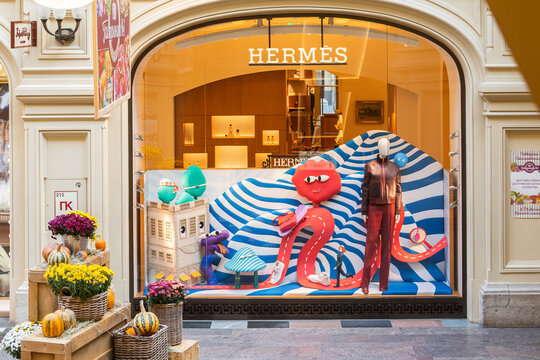 Moscow, Russia - October  14, 2021:   Window of a Hermes store. Show window of   Hermes boutique shop in GUM department store