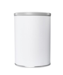 Blank can of powdered infant formula isolated on white, mockup for design. Baby milk