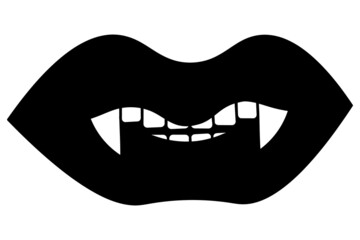Vampire mouth. Silhouette. Dangerous lips. Sharp white fangs shine. The devil's bite. Vector illustration. Angry grin. Kiss of Dracula. Isolated white background. Halloween symbol. All Saints' Day. 