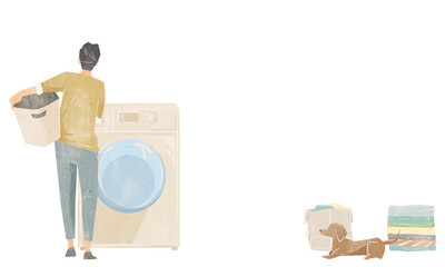 洗濯機を回す男性の手描き水彩風イラスト