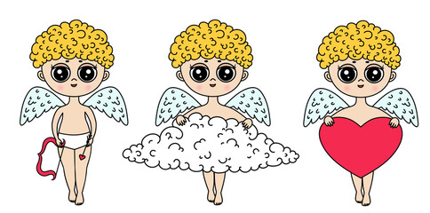 Cartoon cupid angel set. Funny little angel icon. Valentine's Day character. Cartoon amur flying, cloud. Baby amur Valentines day heart hunter. Smilind cupid  boy holding cloud, heart, arrows and bows