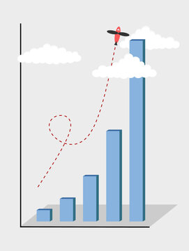 Concepto de crecimiento exponencial. El gráfico de barras crece exponencialmente hasta las nubes, junto con un avión que se dirige al cielo.