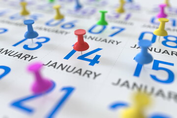 January 14 date marked with red pushpin on a calendar, 3D rendering