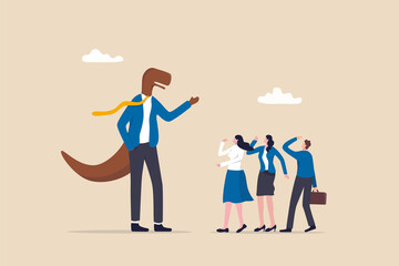 Corporate dinosaur, outdated boss refusing to change anything, bad leader or office ancient problem concept, funny dinosaur raptor businessman senior management talking with colleagues in the office.