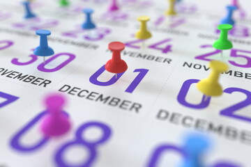 December 1 date marked with red pushpin on a calendar, 3D rendering