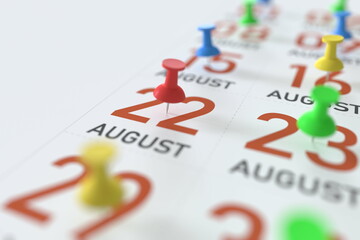 August 22 date and push pin on a calendar, 3D rendering