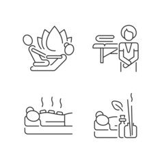 Beauty procedures linear icons set. Stretching techniques. Massage practitioner. Applying heated stones. Customizable thin line contour symbols. Isolated vector outline illustrations. Editable stroke
