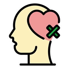 Head heart with band aid icon. Outline head heart with band aid vector icon color flat isolated